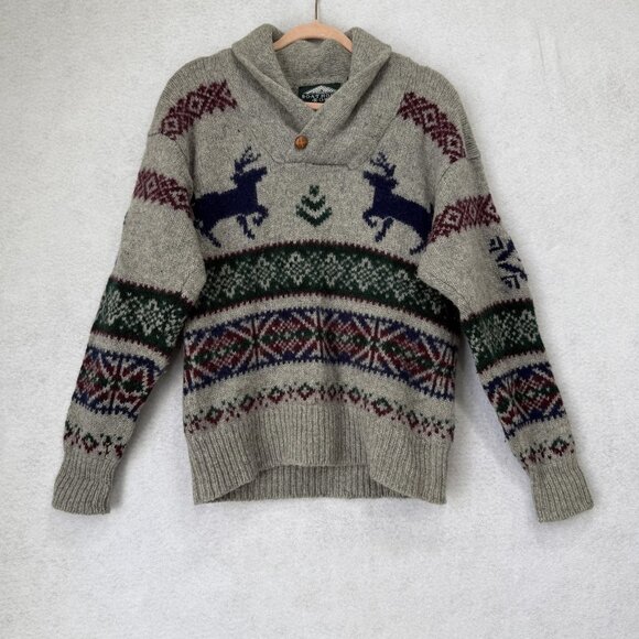 Vintage Boathouse Row Sweater Mens XL Wool Shawl Collar Fair Isle Reindeer 90s - Picture 1 of 8